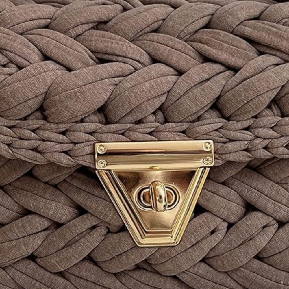 Woven Knit Top-Handle Bag in Taupe with Gold Hardware - Picture 3 of 6